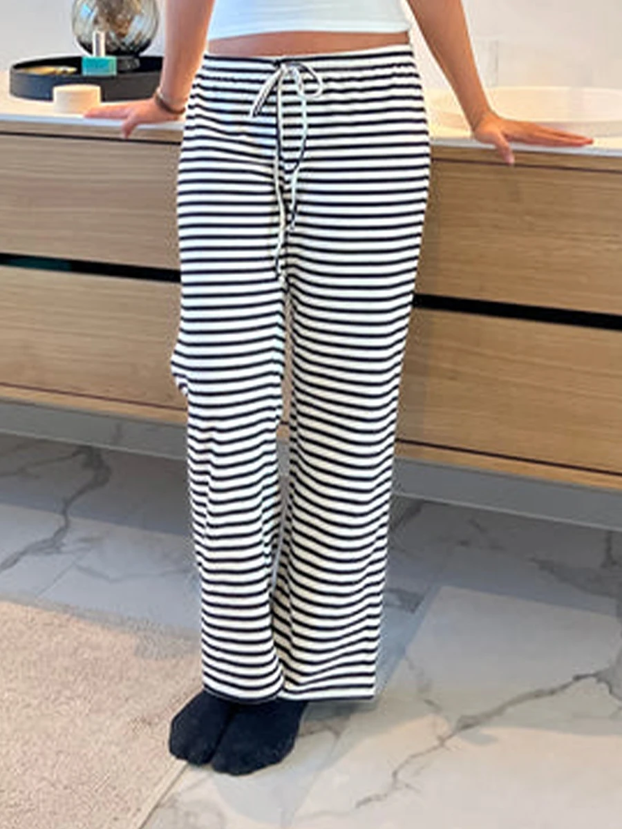 Women Loose Pants Stripe Drawstring Elastic Waist Trousers Spring Summer Casual Sweatpants Bottoms