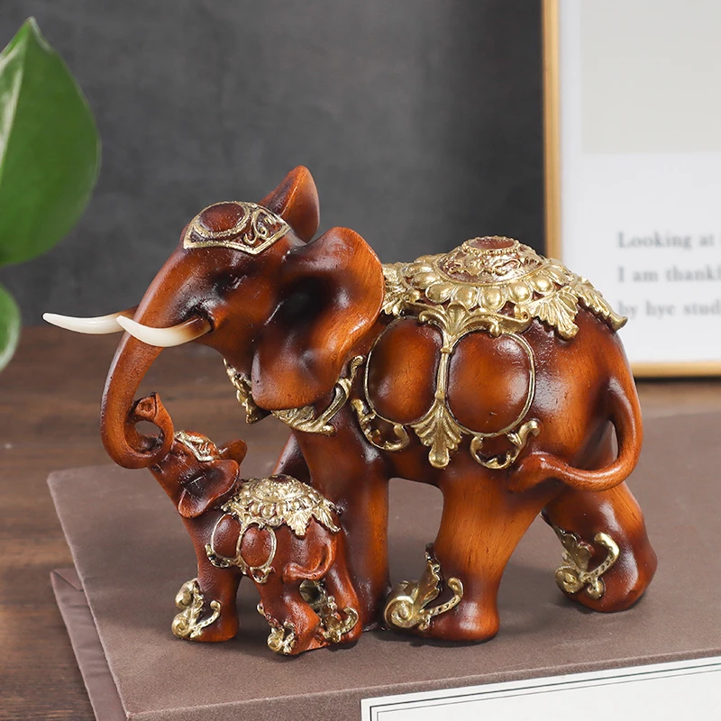 Wood Grain Mother and Child Elephant Statue, Southeast Asian Style Home Decor, Bedroom, Living Room, Study Desk Decoration
