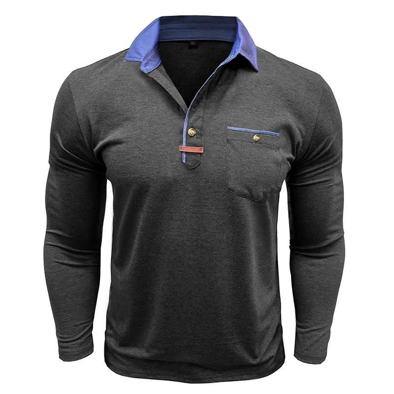 Langarm-Poloshirt für Herren, lässig, schmale Passform, Henley-Kragen, T-Shirt mit Tasche, Smart Blend Tops – Detail 20
