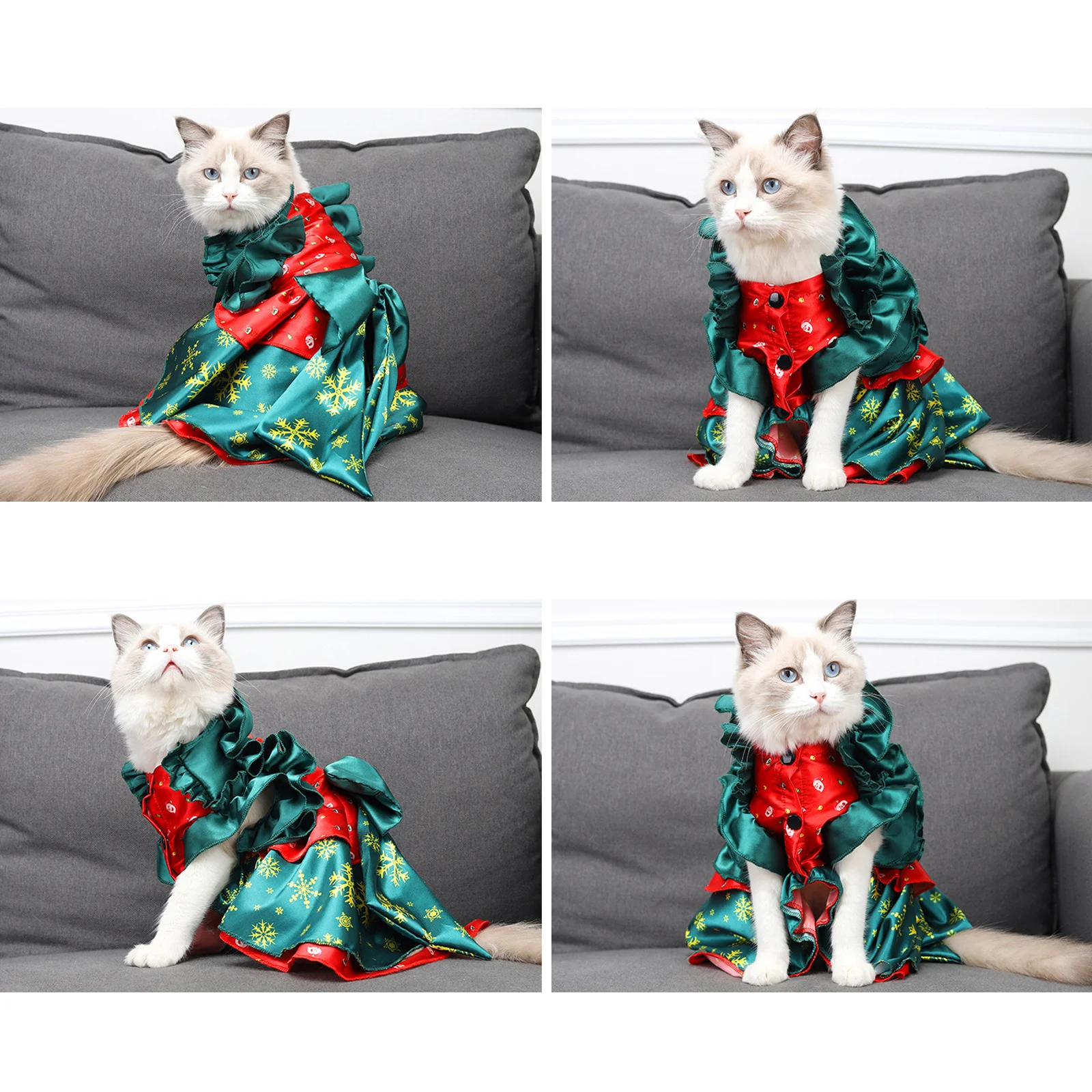

1pc Christmas Pet For Cat Red Green Snowflake Print Costume Lightweight Comfortable Party Outfit Xmas Dress Pet Party Dress Cat
