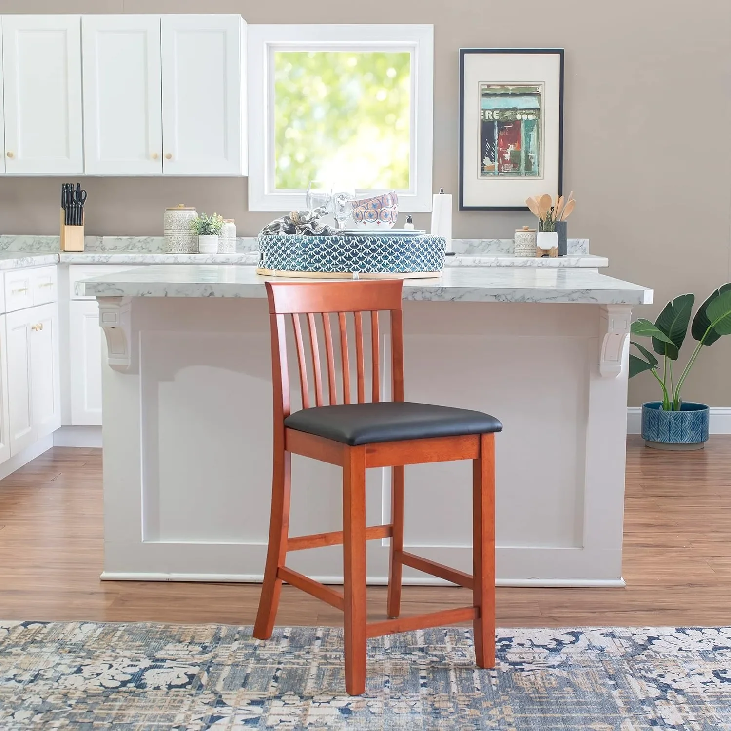 Sgabello da bar moderno in legno di ciliegio rosso, sgabello da cucina con sedile in vinile, sgabello da pranzo 37 ore per bar di casa, caffetteria