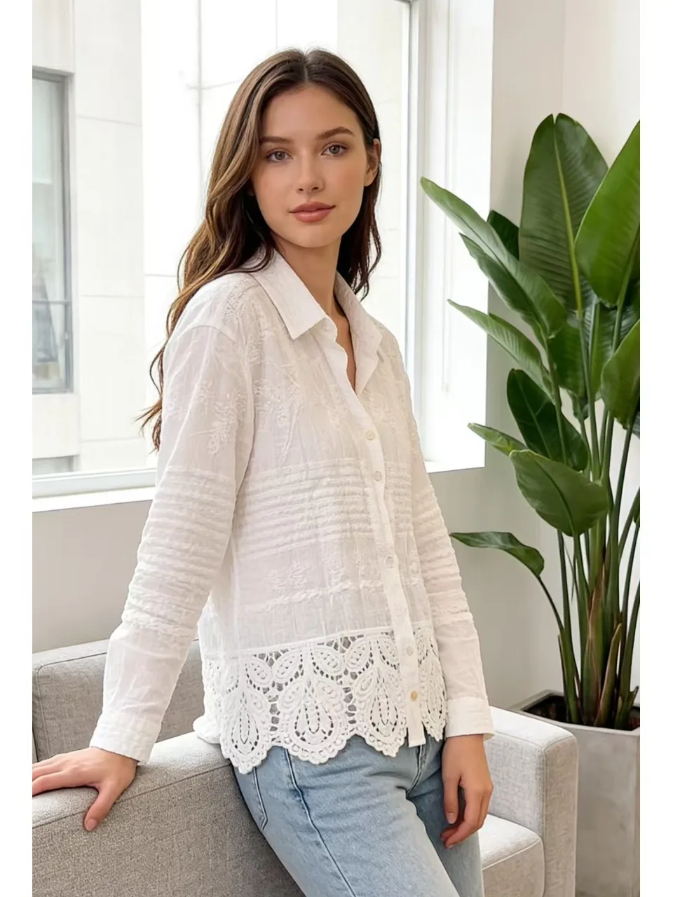

Elegant Long Sleeve Loose Fit Shirt Lace Trimmed Embroidered Paneling Women's Spring Summer Fashion Shirt Top Polyester Fiber