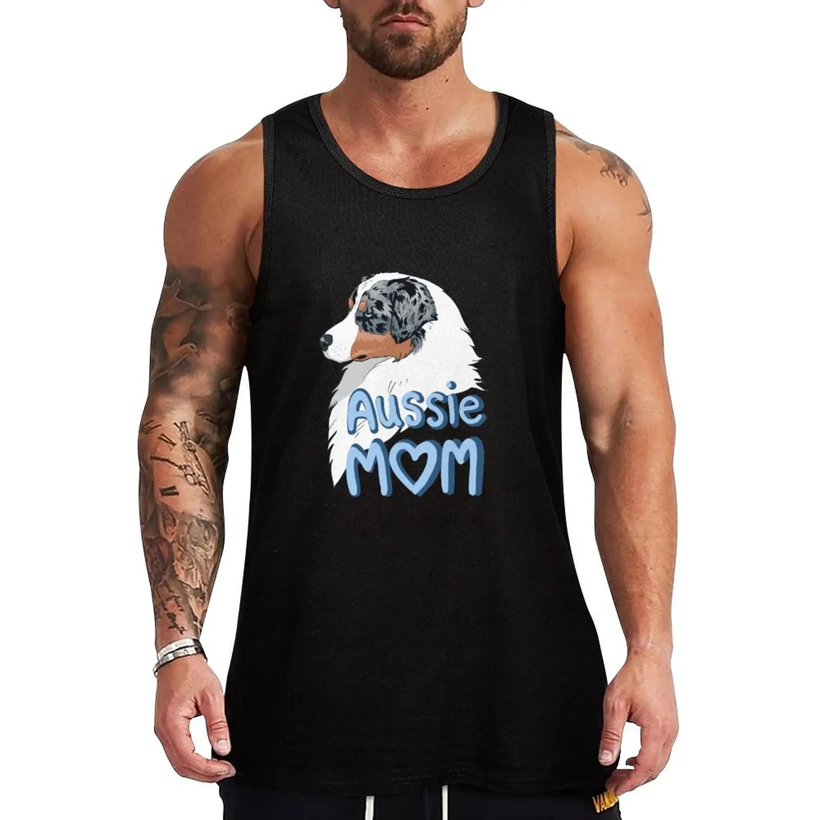 Camiseta regata azul Merle Aussie Mom com logotipo e estampa gratuita, casual, sem mangas
