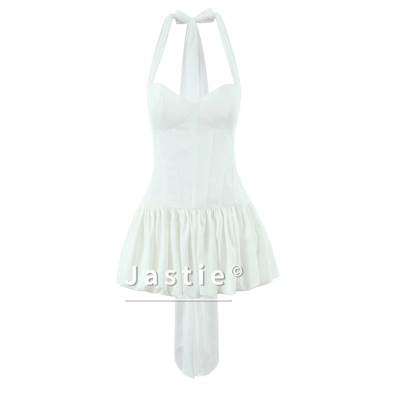 섹시한 백리스 홀터 화이트 미니 드레스 2026 여름 여성 로우 웨이스트 우아한 이브닝 파티 드레스 보헤미안 비치 여성 의류