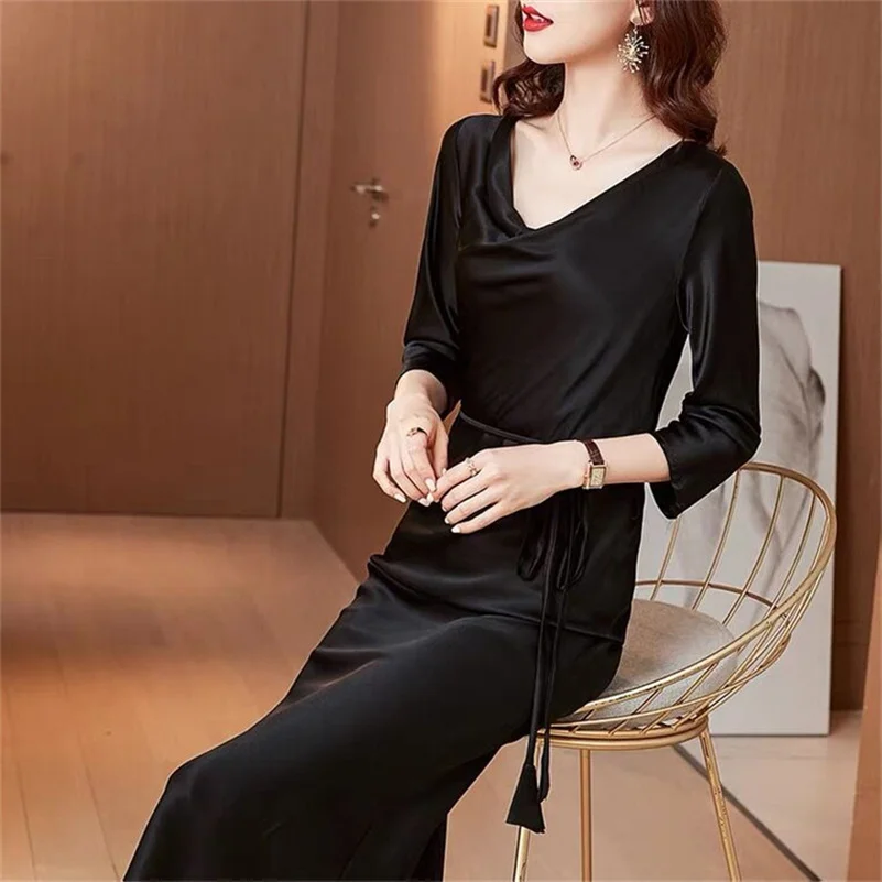 Xuân Hè Satin Áo Dài Nữ Nhún Cổ Đảng Thanh Lịch Đầm Ôm Vestidos Cao Cấp Tất Chữ A Đầm 10 Màu