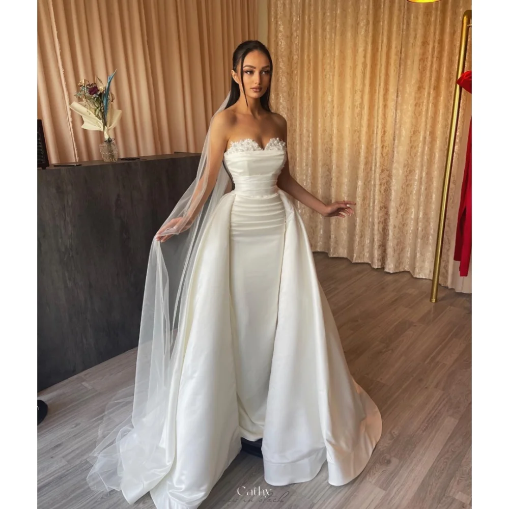 Cathy White Pearls Strapless Mermaid Wedding Dress Satin Veil vestidos de no Floor-Length Sleeveless Customized Party Dress 2024