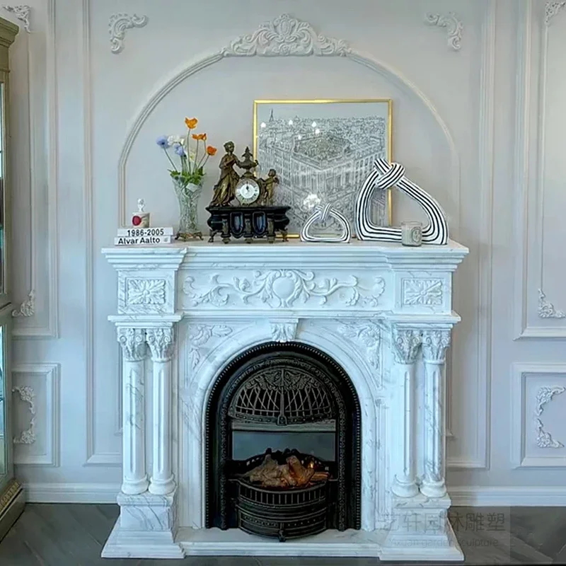 white marble mantel jazz white French European-style villa living room stone carving decorative cabinet customization