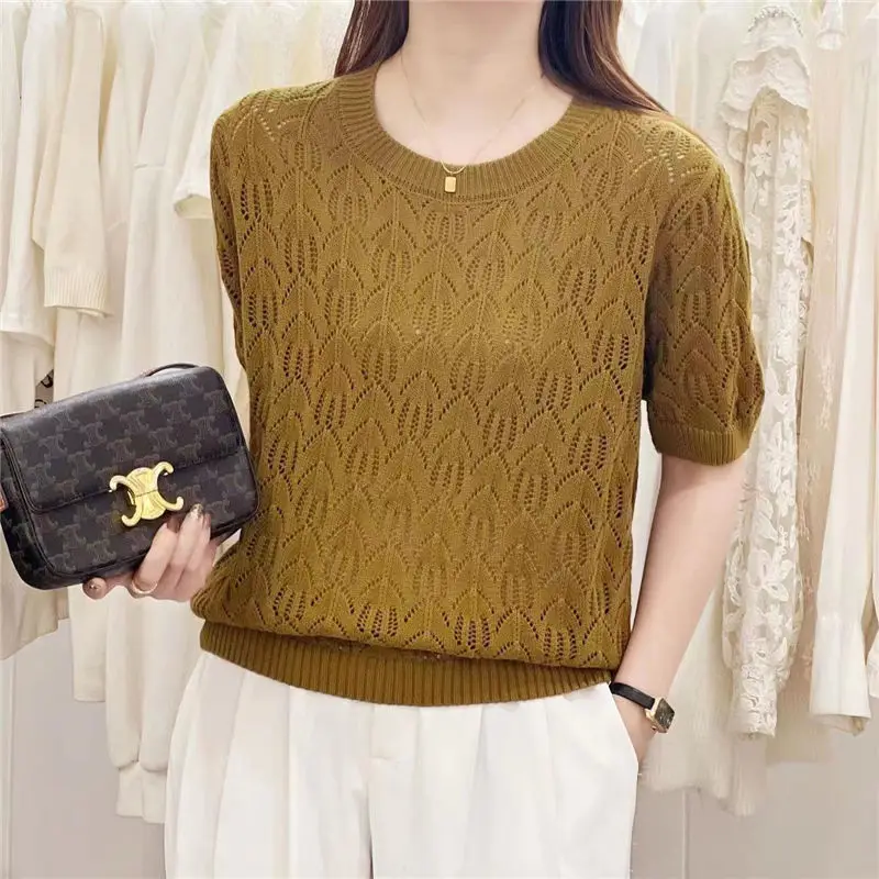 Women Clothing Summer Fashion Hollow Simple Casual Knitted Sweaters Ladies Solid O Neck Short Sleeve Loose Pullover Tops Jumpers