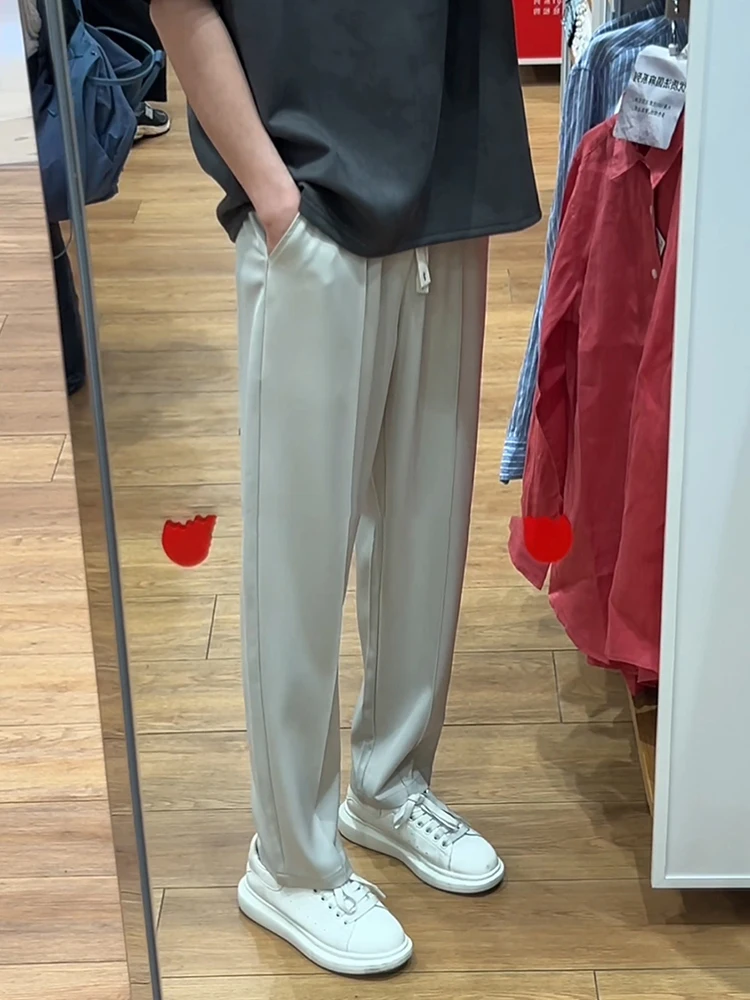 Naples Ice Silk Men's Casual Pants Straight Leg Loose Fit Summer High Waist Trousers Faionable Drapey Lightweight Cargo