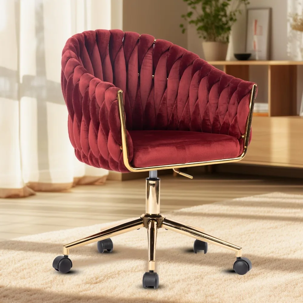 

luxurious velvet office vanity chairs with gold base, height adjustable mid back, wheels for women, hand-woven accent armchair,