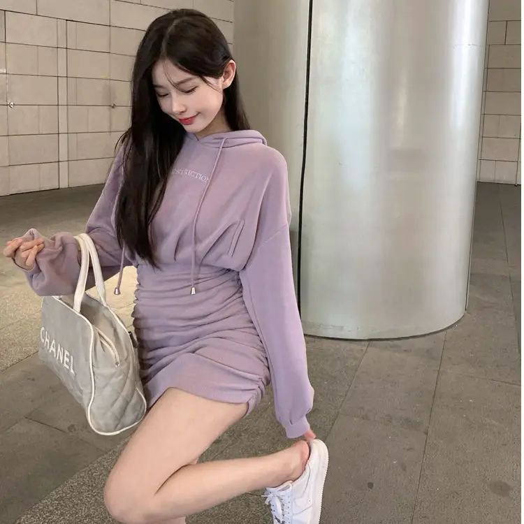 Hooded Sweater Wrap Hip Dress Women's Autumn 2023 New Short Dress Purple Waist Long Sleeve Y2K Skirt