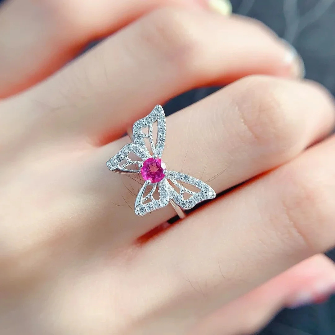 925 Sterling Silver Butterfly Ring for Women 4mm 0.3ct Natural Topaz Ring 18K Gold Plated Pink Topaz Jewelry