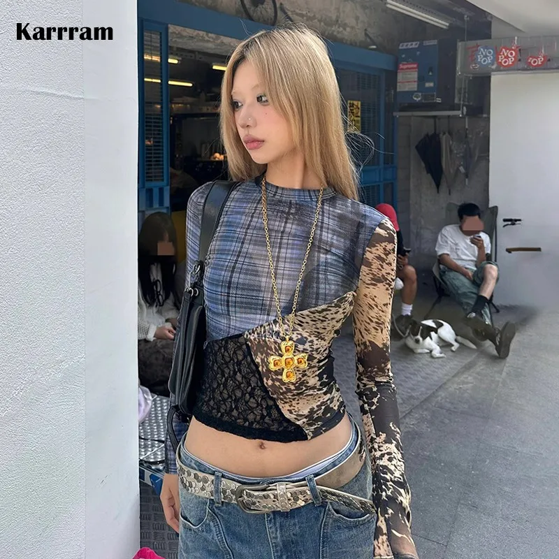 Karrram Japanese Y2k Patchwork Mesh Tops Trashy 2000s Lace Sheer Top Grunge Aesthetics Irregular T-shirt Vintage Harajuku Korean