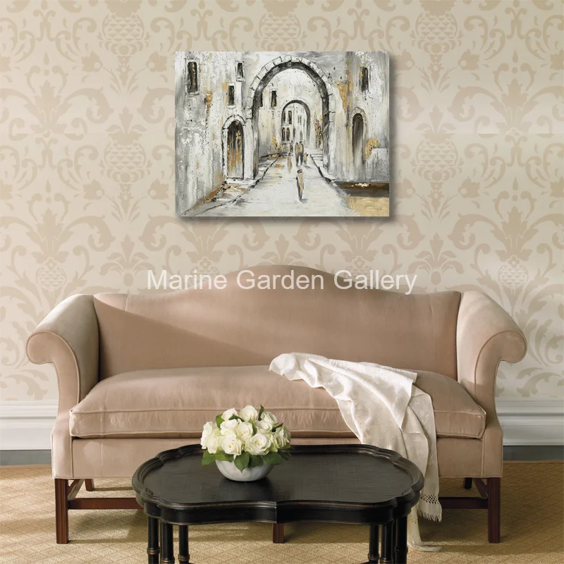 Hand-Painted Abstract Jerusalem Old City Oil Painting Gold Textured Israeli Street Canvas Art Jewish Wall Decor for Living Room