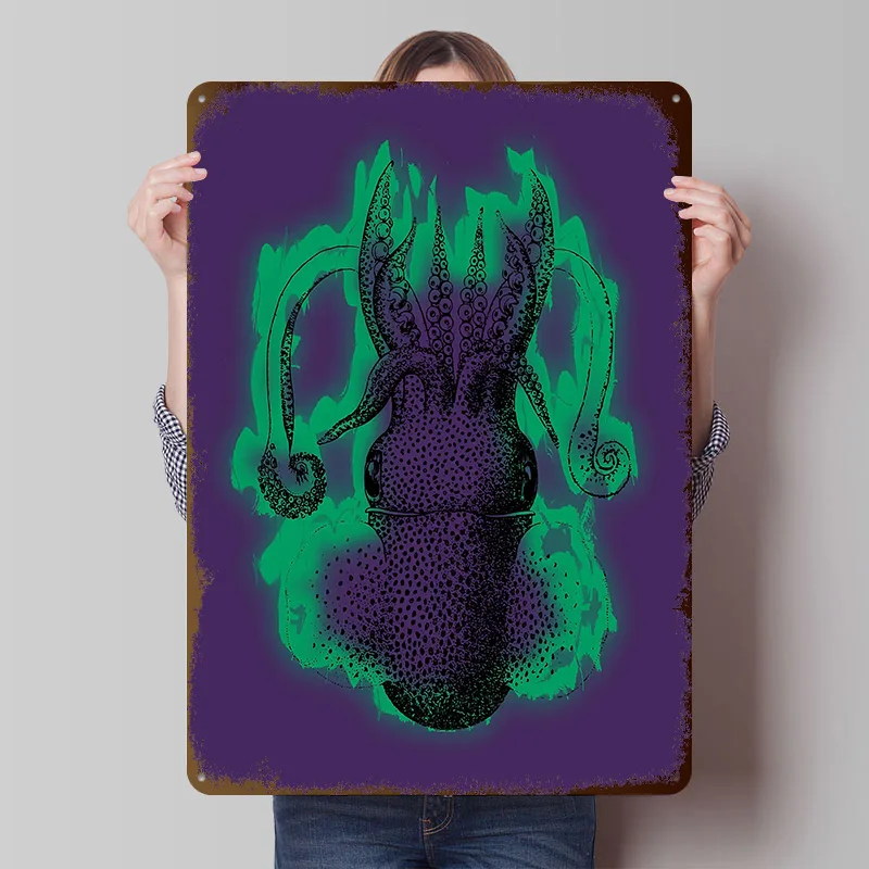 Purple Squid Poster Customized Vintage Metal Signs Wall Art Retro Tin Plaque for Gaming Room Decoration Cozy Bedroom Decorations