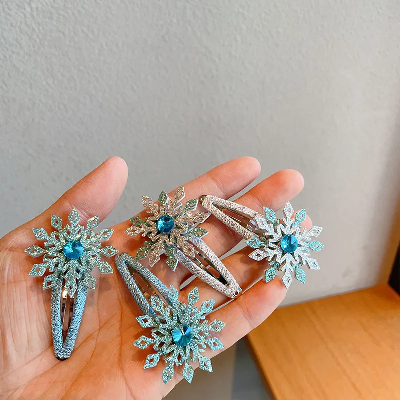 Hair Clips Hair Ties Snowflake Princess Shiny Rhinestone Side Bangs Ponytail Sweet Non Slip Soft Grip for Girls Kids Party