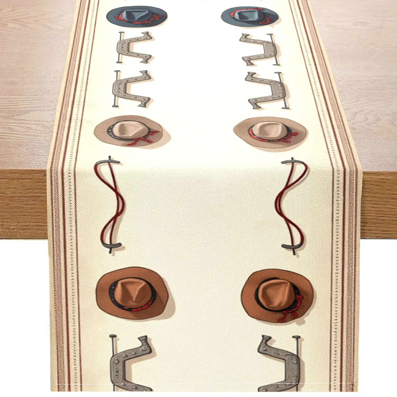 

Цельная дорожка для стола в западном ковбойской тематике, украшенная винтажными ковбойскими шляпами, подкониками и т. д., подходит для вечеринок в западном стиле, украшениями для баров и т. д.