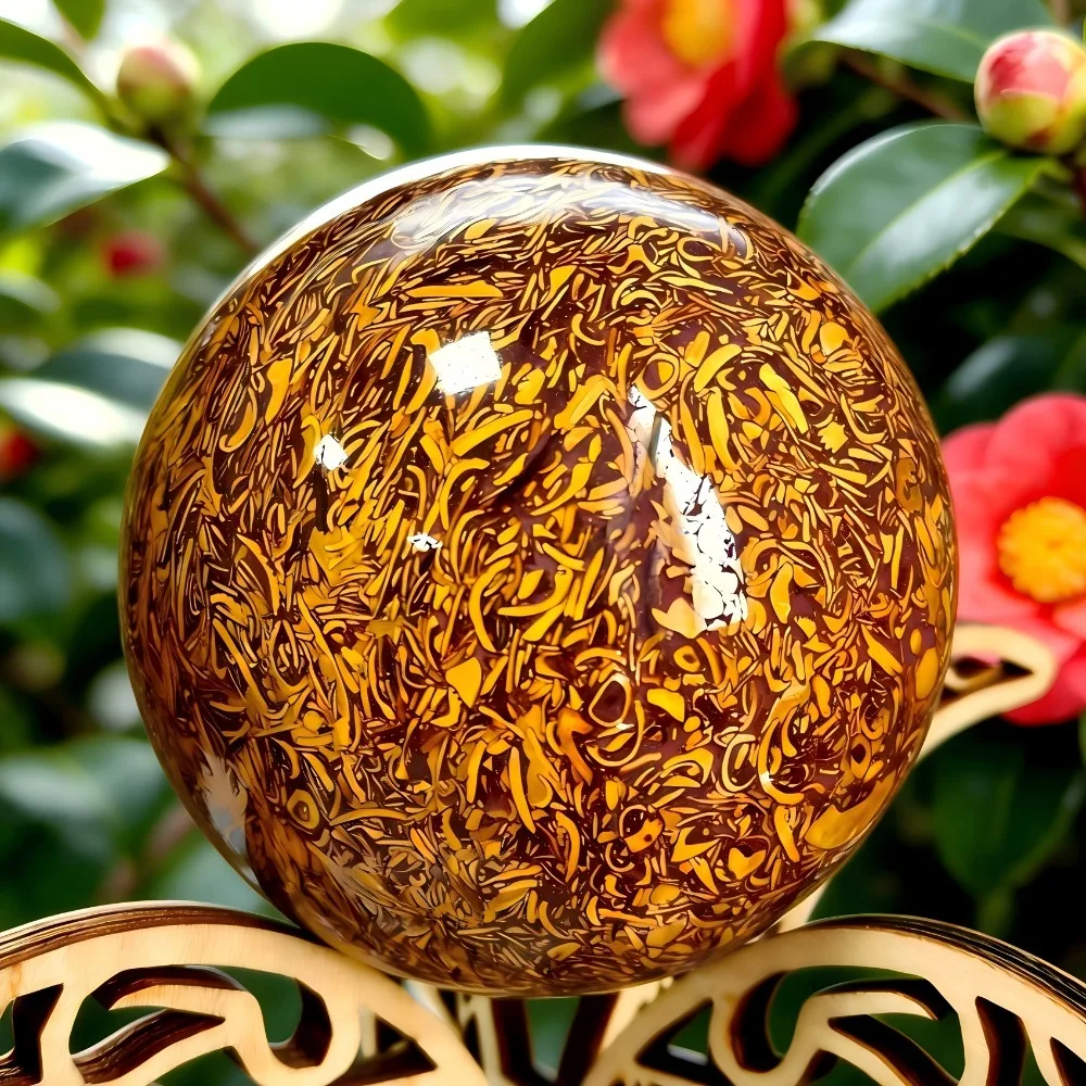 Unique Natural Golden Calligraphy Crystal Sphere Reiki Healing Stone Chakra Reiki Meditation Magic Crystal Feng Shui Ball