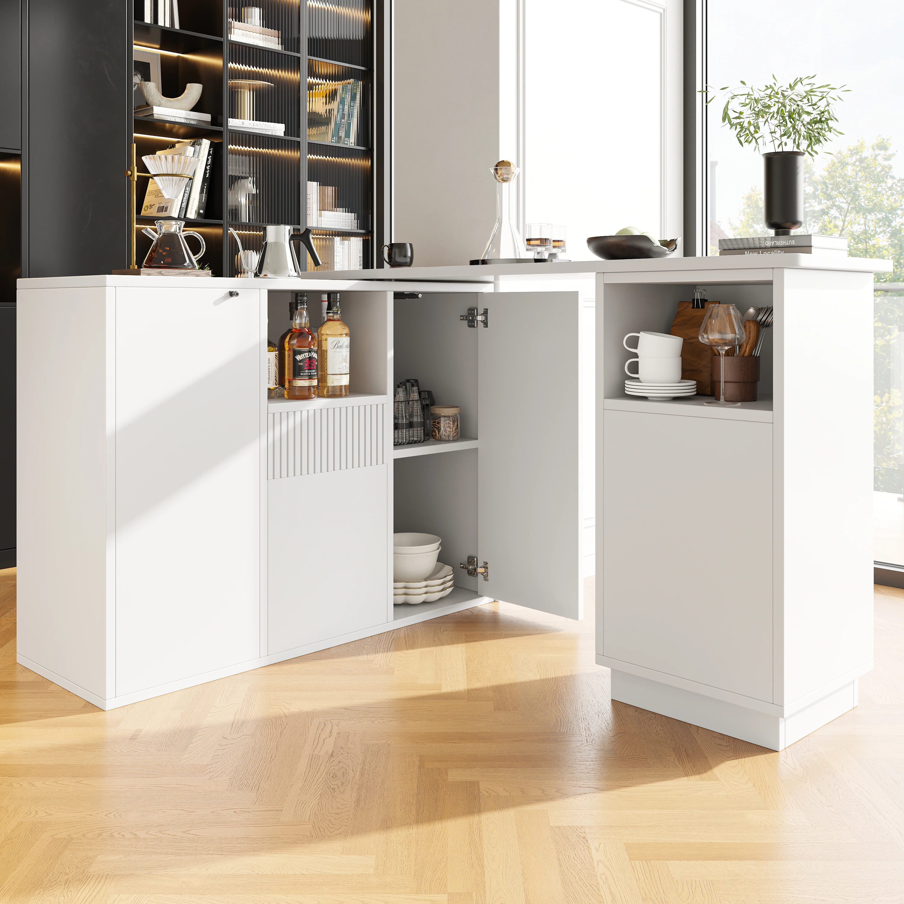 360 °   Table de bar pivotante 210x30x100.9cm, design moderne et minimaliste blanc avec plan de travail en marbre, îlot de cuisine en forme de L avec rangement ouvert et armoire, chariot de service multifonctionnel pour salon