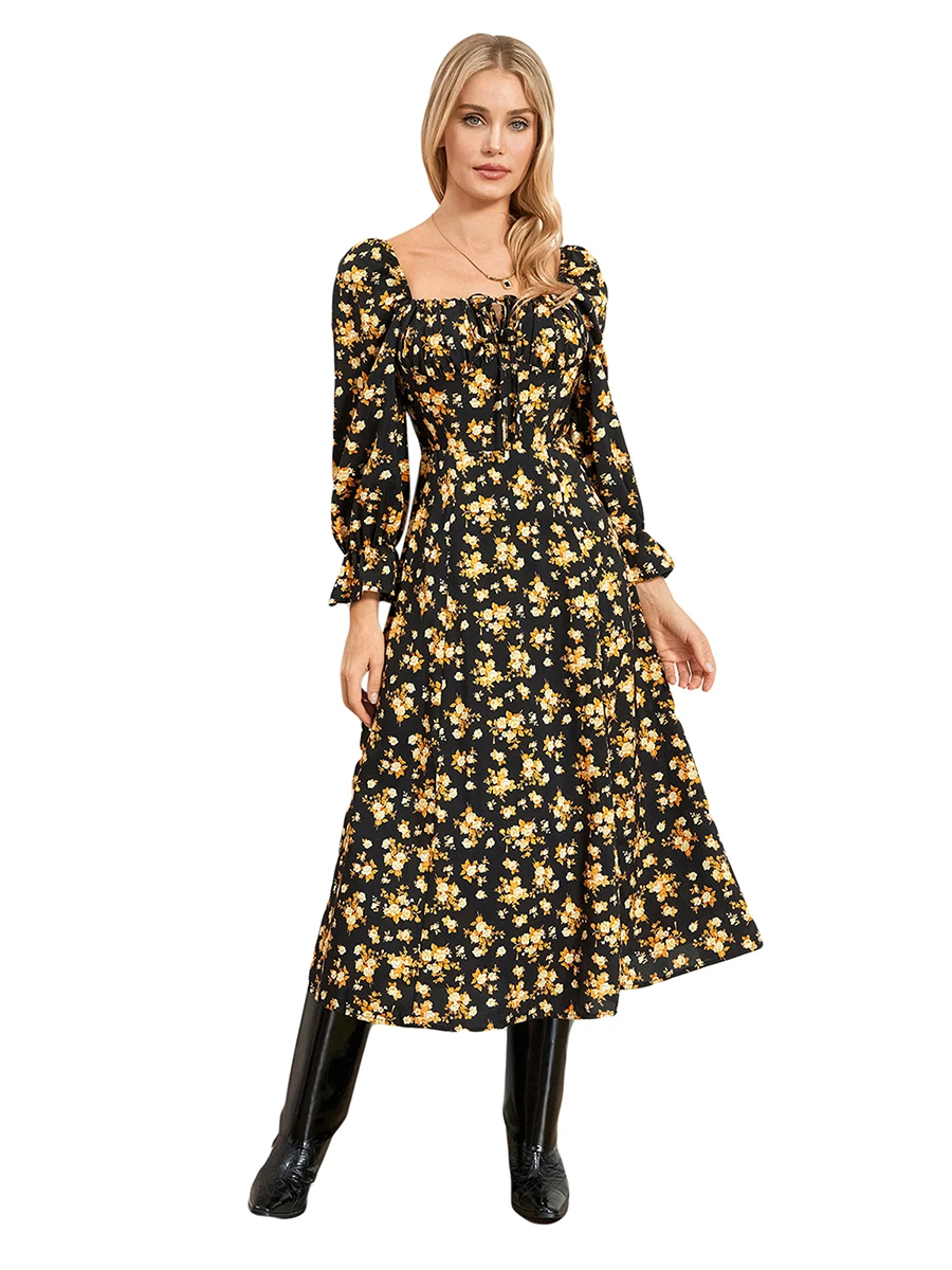 Women s Square Neck Flower Maxi Dress 3 4 Sleeve Embroidered Puff Sleeve Dress Fashion Backless A-line Dress