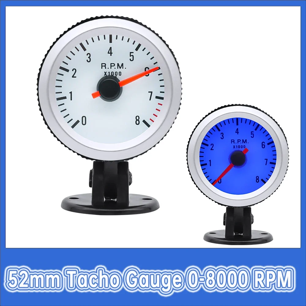 

2-дюймовый тахометр с держателем стручка, синий светодиодный указатель, автомобильный тахометр, датчик 0-8000 об/мин для 1-8 цилиндров, бензинового автомобиля