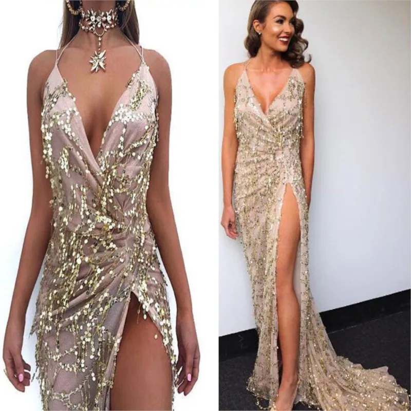 Summer Women See Through Backless Sequined V-Neck Elegant Lace Long Dress Sexy Maxi Split Dress Evening Party Dresses Vestido