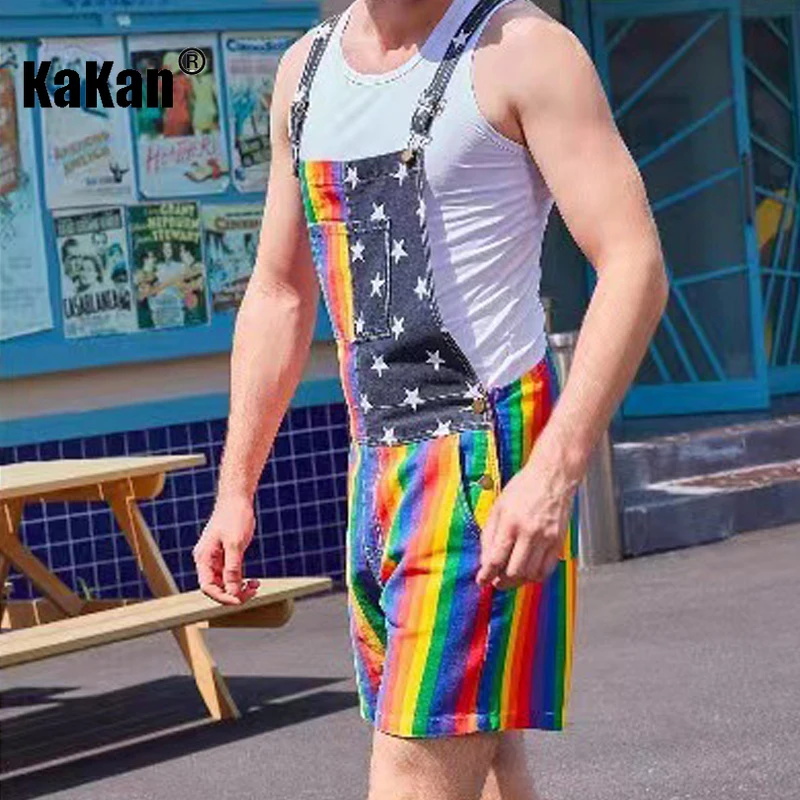 Kakan-Europe and The United States New American Independence Day Jeans for Men, Stars Rainbow Couple Suspenders Shorts 34-201