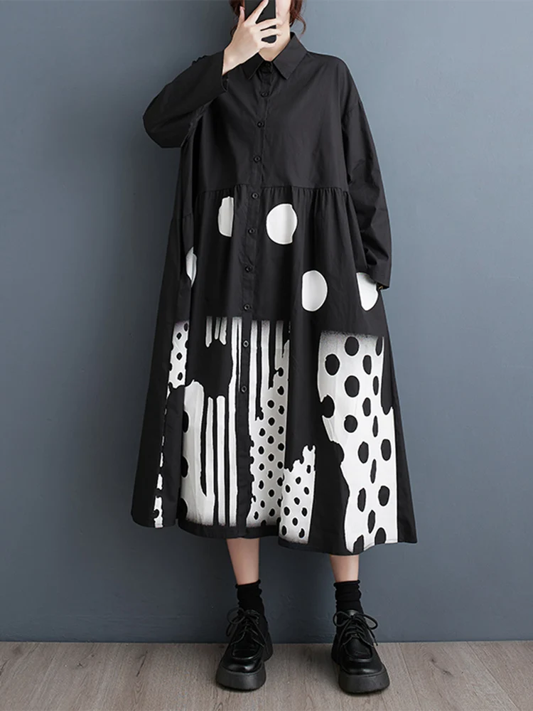 

Black Vintage Polka Dot Print Shirt Dresses For Women New Long Sleeve Loose Casual Dress Fashion Elegant Clothing Autumn 2023