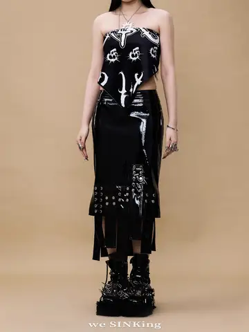 लुटारो स्प्रिंग समर सेक्सी चमकदार रिफ्लेक्टिव लाल फॉक्स लेदर मिडी असममित स्कर्ट महिलाओं के लिए रिवेट गोथ स्टाइल Y2K स्ट्रीटवियर 2025 10 best sales मिडी स्कर्ट y2k - №4