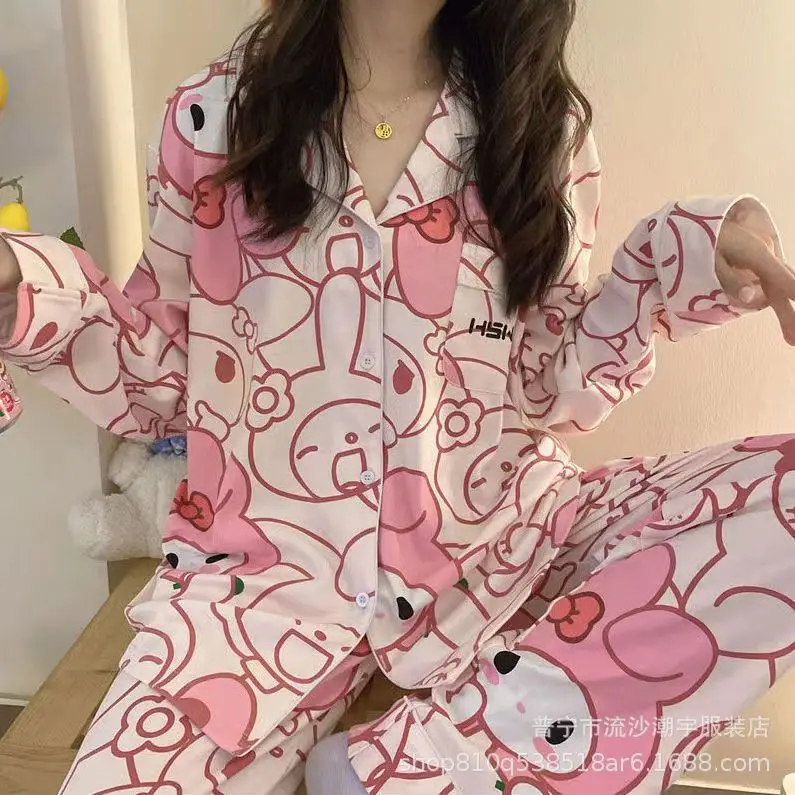 Anime Sanrio Long-Sleeved Pajamas Set Kawaii Cartoon Pochacco Printing Spring Autumn Thin Polyester Cute Girls Home Clothes