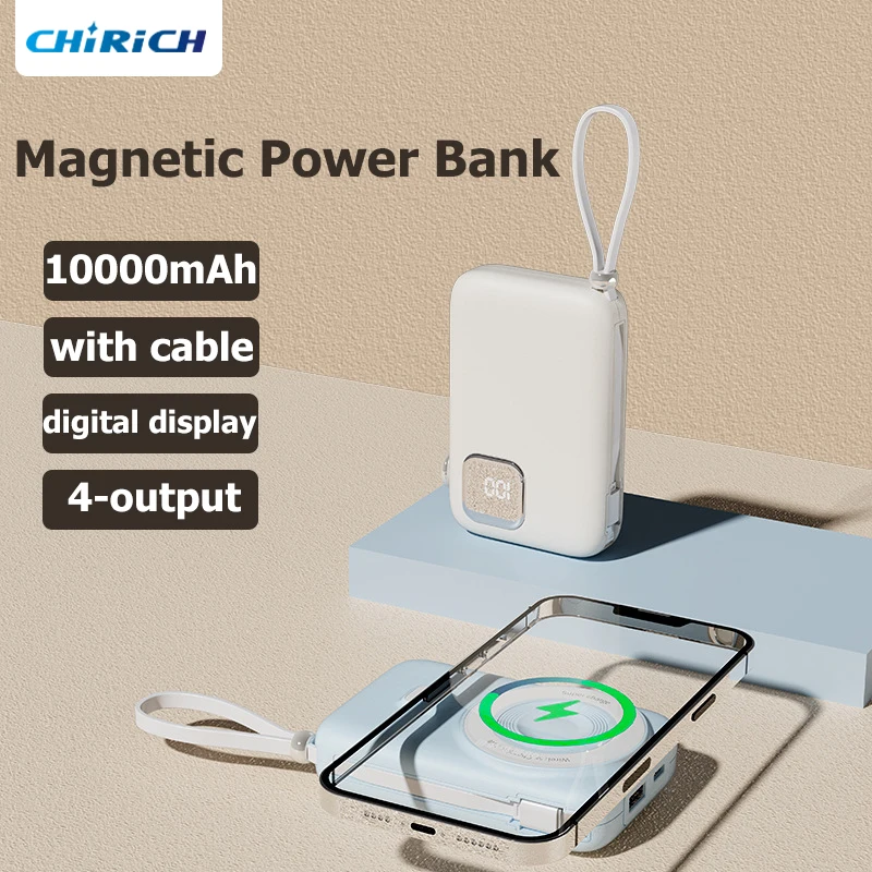 

10000mAh Magnetic Wireless Power Bank Built-in Cable External Spare Battery USB C Portable Powerbank For iPhone Samsung Xiaomi