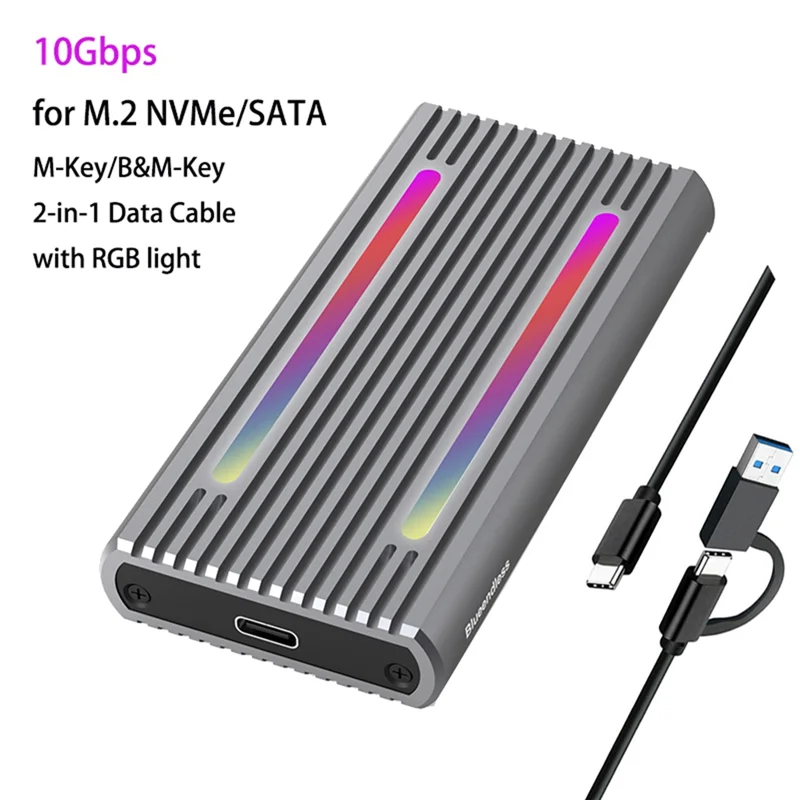 ¡Nuevo! ! Caja USB C de protocolo Dual M2 Nvme SSD, caja SSD Pcie de 10Gbps, caja de disco SSD M.2 Nvme NGFF SATA de 5Gbps con luz LED RGB, Du