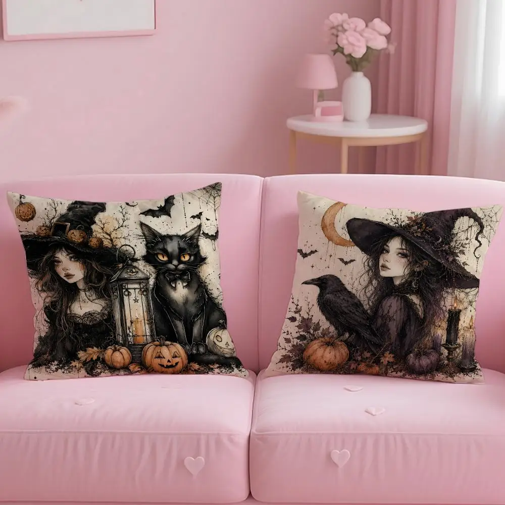 Vintage Witch Watercolor Halloween Cushion Cover Comfortable Double Sided Pillow Cover For Car Sofa Bedroom & More