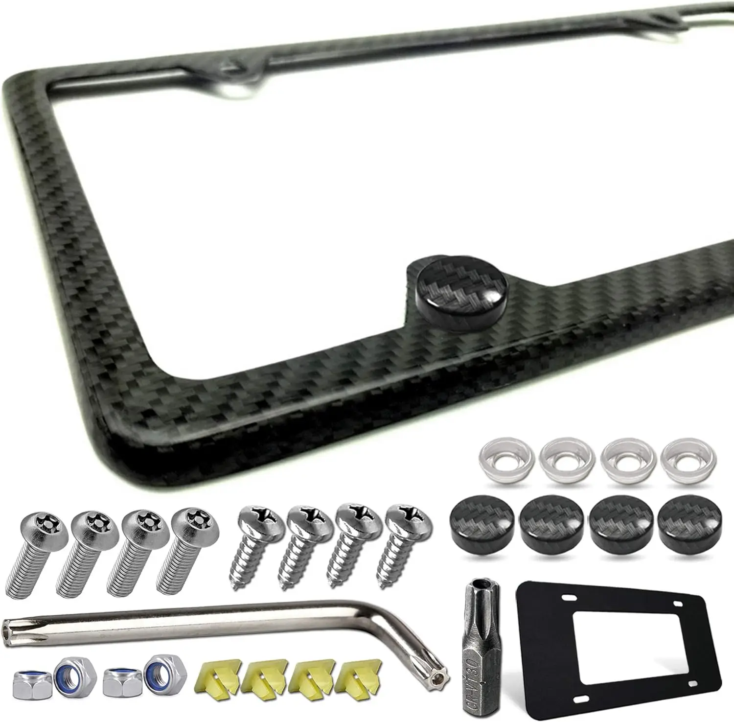 

Real Carbon Fiber License Plate Frame - Handcrafted, Slim Black Stainless Steel Cover with Screws Caps, Rattle Proof Pad