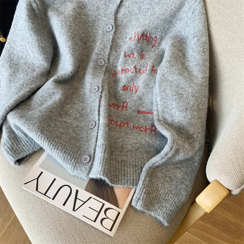 Round Neck Gray Letters NEW Cardigan Women Clothing Knitting Sweater Long Sleeves Vintage Korean Fashion Baggy Female Tops