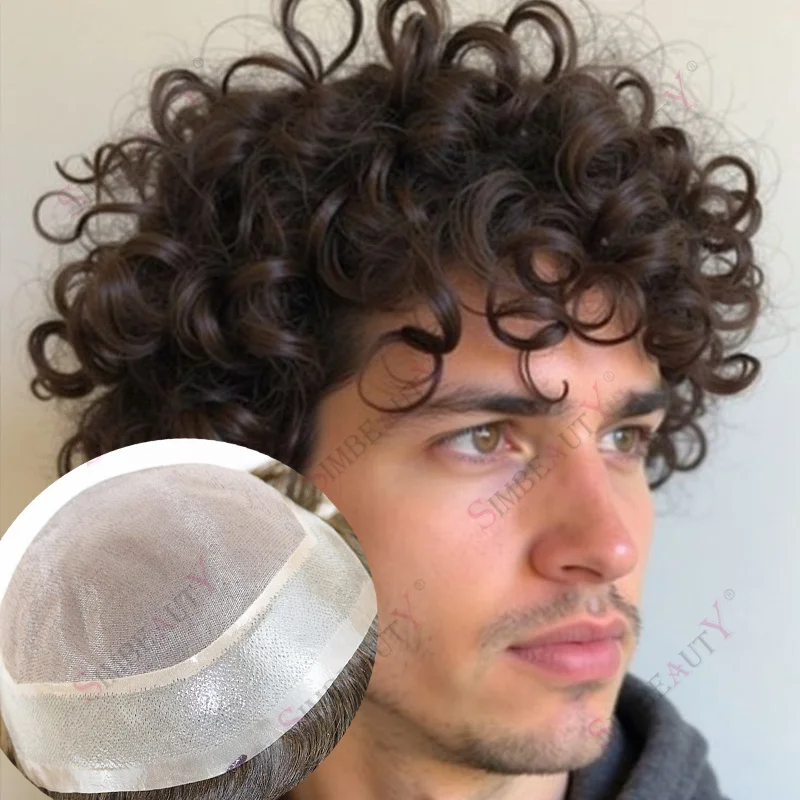 

Durable Mono Mesh Swiss Lace &Pu Toupee Wigs For Men 20MM Curly Light Blonde Black #4 #1 Human Hair Prosthesis Breathable System