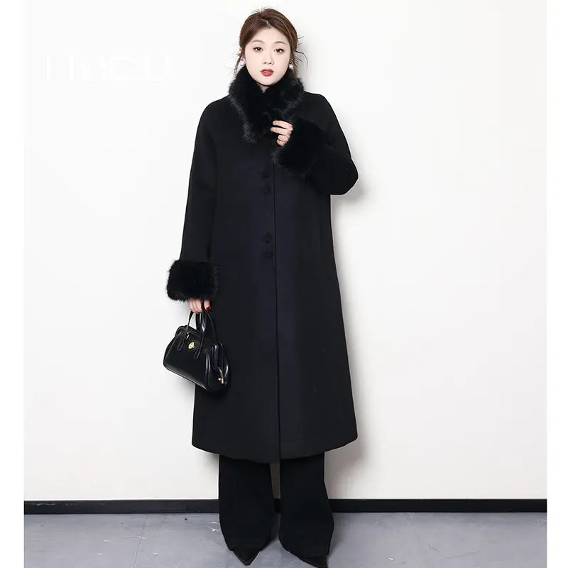 LIEDU Elegant Luxury Plus Size Down Filled Wool Coat Women Detachable Fur Collar Furry Cuff Thick Warm Long Casual Party Outfit