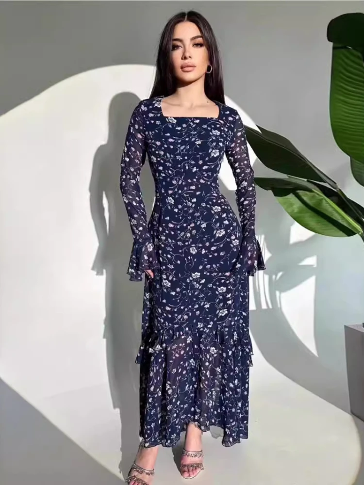 Eid Chiffon Feestjurk Vrouwen Moslim Bloemenprint Jalabiya Ramadan Morocco Jurken Dubai Abaya Kaftan Vestidos Arab Lange Gewaad