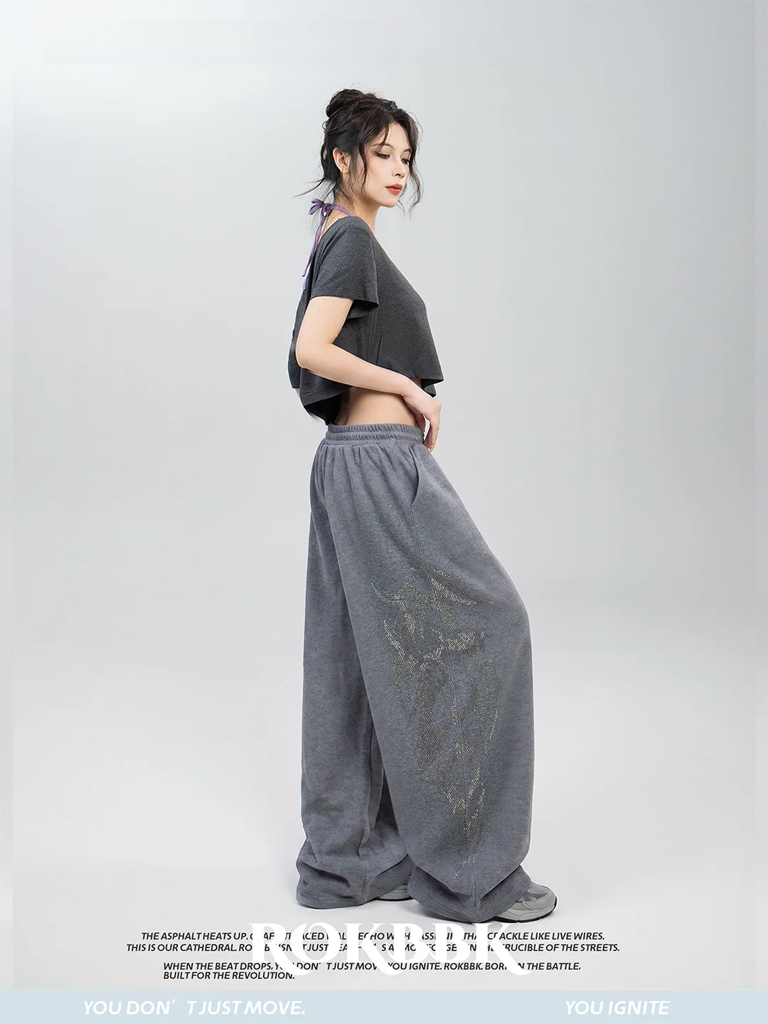 ROKBBK-K Street Style Wide Leg Casual Dance Pants Women's Loose Fit Draped Drill Embellished Casual Trousers by Buhuan
