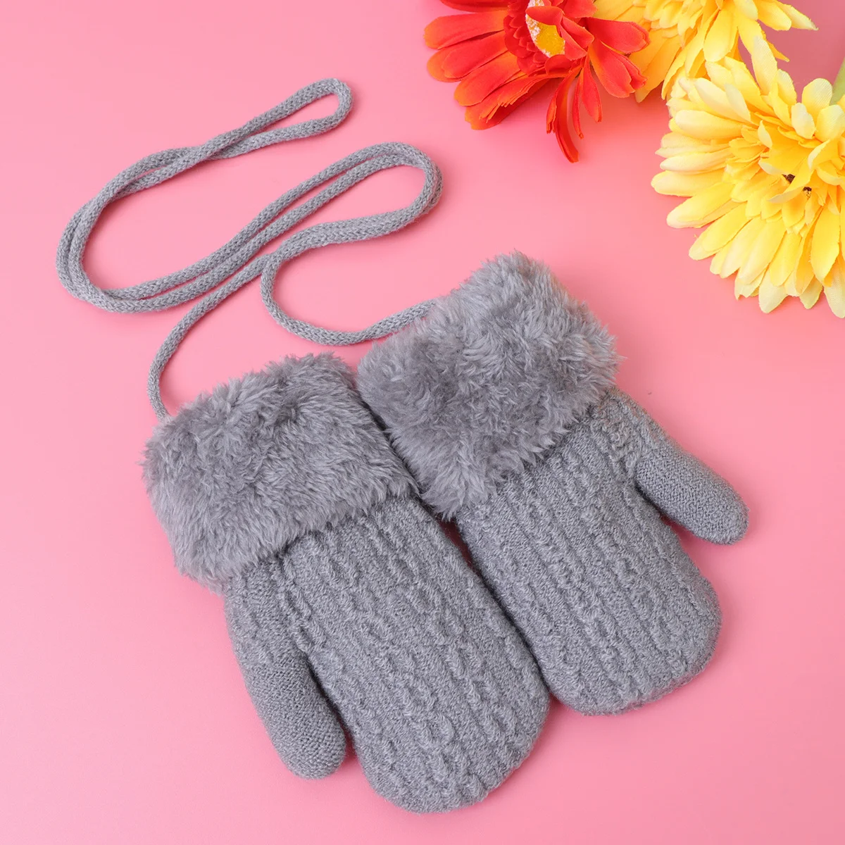 

Kids Winter Warm Gloves 1-4 Years Old Light Grey Double Layer Knitted Durable Practical Full Finger Protection Easy Wear Cold