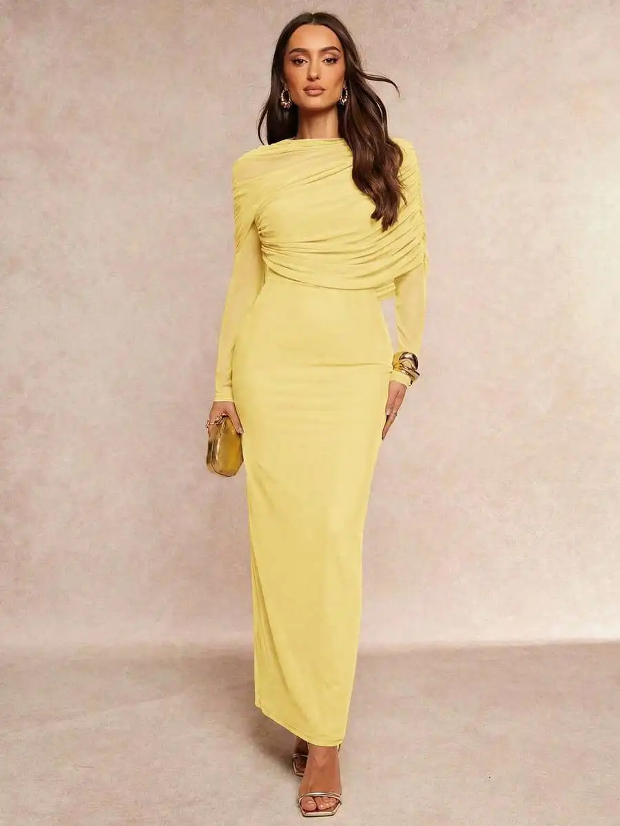 

Elegant Solid Color Asymmetrical Pleated Waist Long Sleeve Bodycon Maxi Dress Yellow Formal Evening Dress