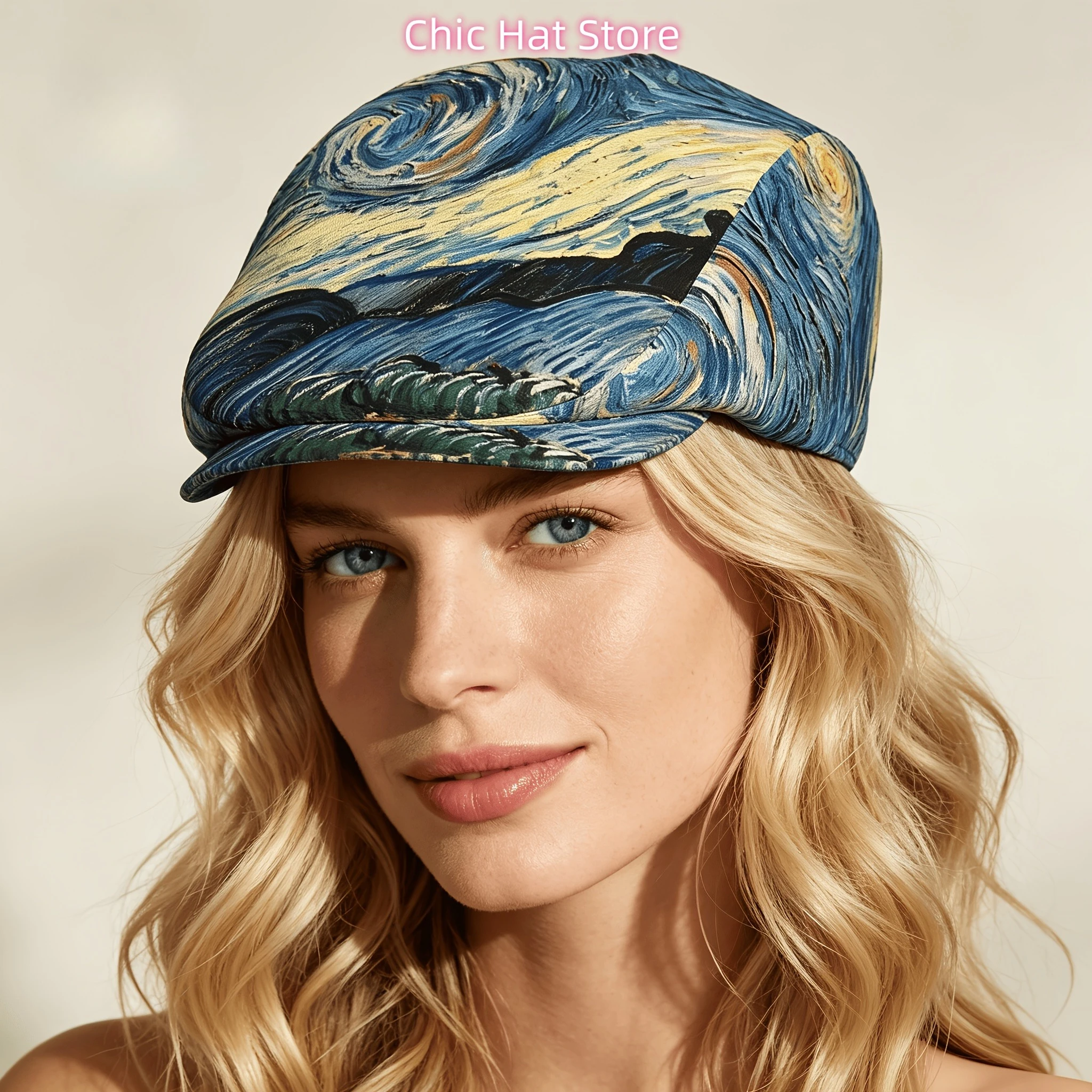 1pc Star Night Whirlpool All-over Print Flat-top Hats for Men and Women, Newsboy Caps, Berets, Irish Hats, Driver Caps,  Hats, P