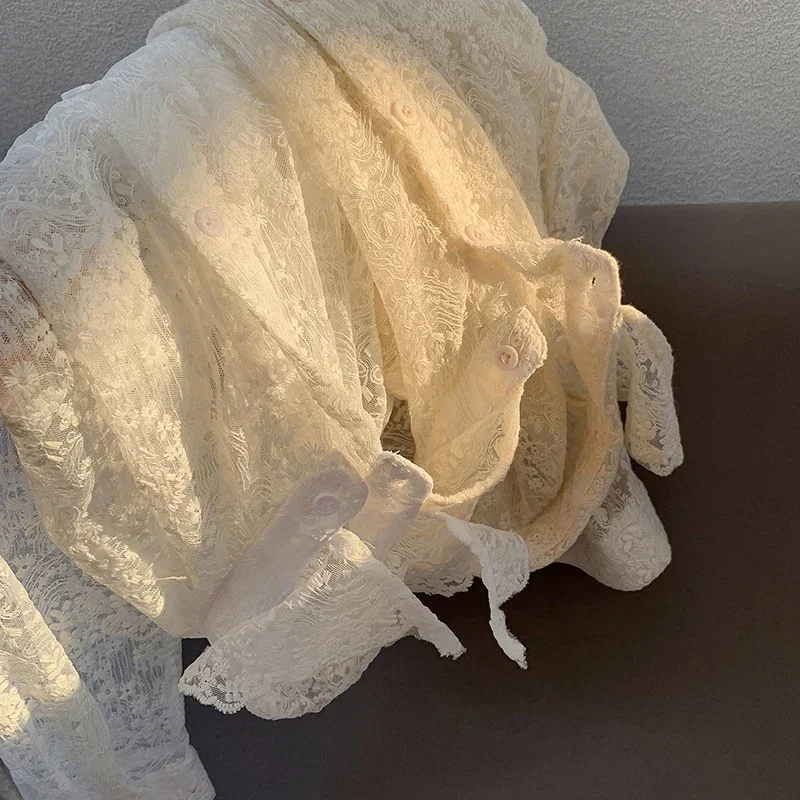 Women Plus Size Spring Korean Chic Lace Floral Embroidery White T-shirts Bottoming Long Sleeve Shirt New Fashion Hollow Top 