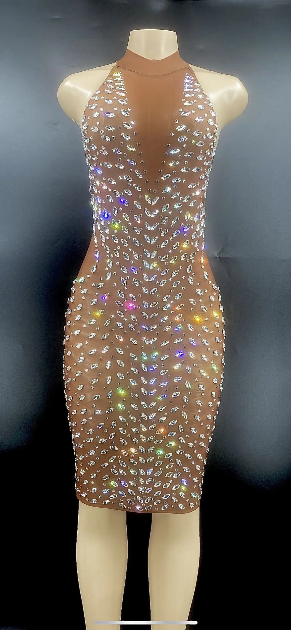 Sexy Women Dancer Transparent Dress Singer Rhinestone Short Dress Birthday Wedding Prom Party Costume