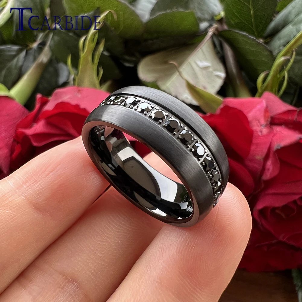 TCarbide 8mm Men Women Tungsten Steel Combination Ring Black rhinestones Inlay Amazing Jewelry Brushed Finish Comfort Fit