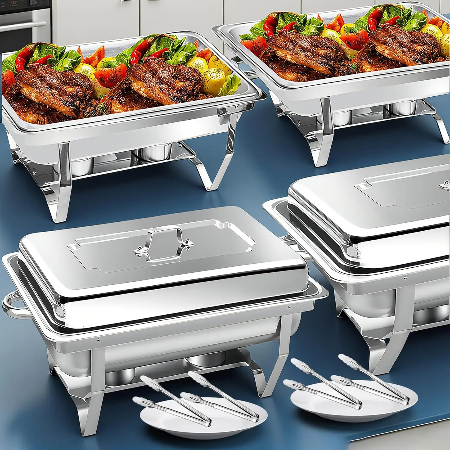 

4-Pack Stainless Steel Chafing Dishes with Tongs, 9QT Buffet Warmers for Parties and Events