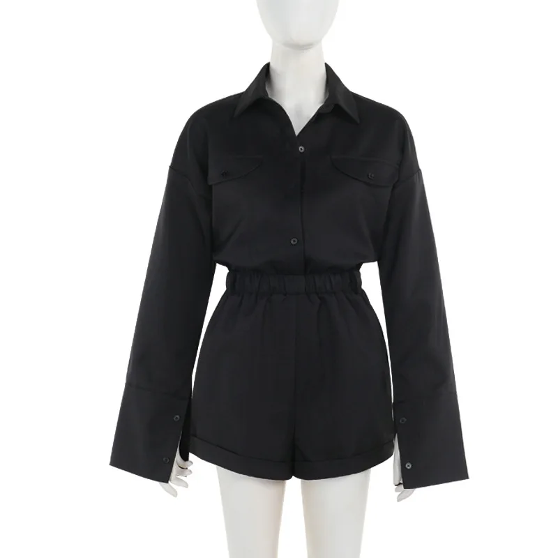 DSMTRC Women's Sexy Cool Black Long Flare Sleeve Playsuits Fall Clothes One Piece Solid Loose Single-breasted Streetwear Rompers