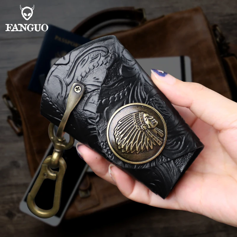 حقيبة مفاتيح ذكية للسيارة من الجلد الطبيعي بتصميم عتيق مع خطاف حامل مفاتيح مدبرة منزل من جلد البقر المحمول للرجال والنساء