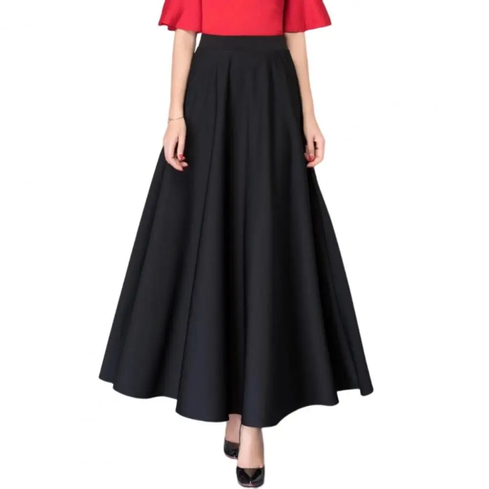 

Women Skirt High Waist Tummy Control A-line Loose Hem Pockets Solid Color Ankle Length Party Banquet Skirt