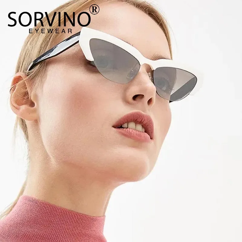 

SORVINO Retro Shades For 2023 Women Rimless Cat Eye Sunglasses Luxury Brand Designer Half Frame 90s Small Black Sun Glasses P297